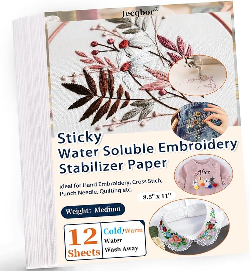 Jecqbor Water Soluble Stabilizer for Embroidery Printable - 12PCS 8.5''x 11'' Stick and Stitch Embroidery Paper Wash Away,Dissolvable Backing for Hand or Machine Sewing Supplies - Image 1